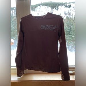 Lola women’s shirt, brown with aqua design. Stretch. Like new. See tag for wash